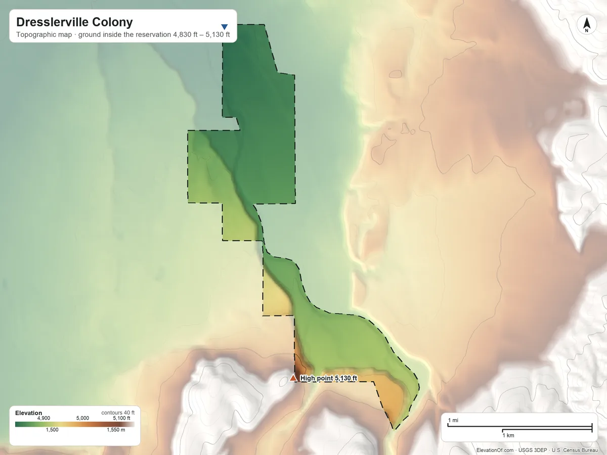 Topographic elevation map of Dresslerville Colony, Nevada, shaded from 4,830 ft on the north side to 5,130 ft on the south side