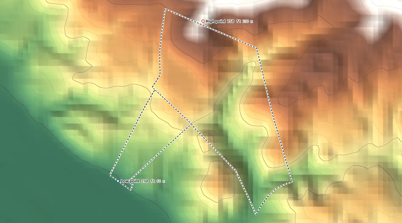 Topographic elevation map of Dry Creek Rancheria, California, shaded from 190 ft on the southwest side to 750 ft on the north side