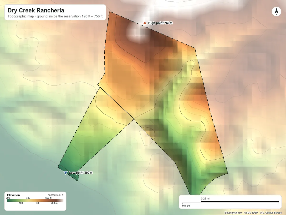 Topographic elevation map of Dry Creek Rancheria, California, shaded from 190 ft on the southwest side to 750 ft on the north side