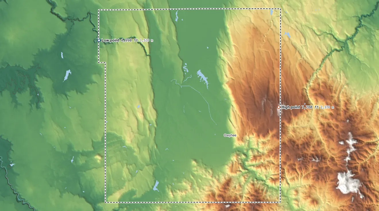 Topographic elevation map of Duck Valley Reservation, Nevada, shaded from 4,990 ft on the northwest side to 7,780 ft on the east side