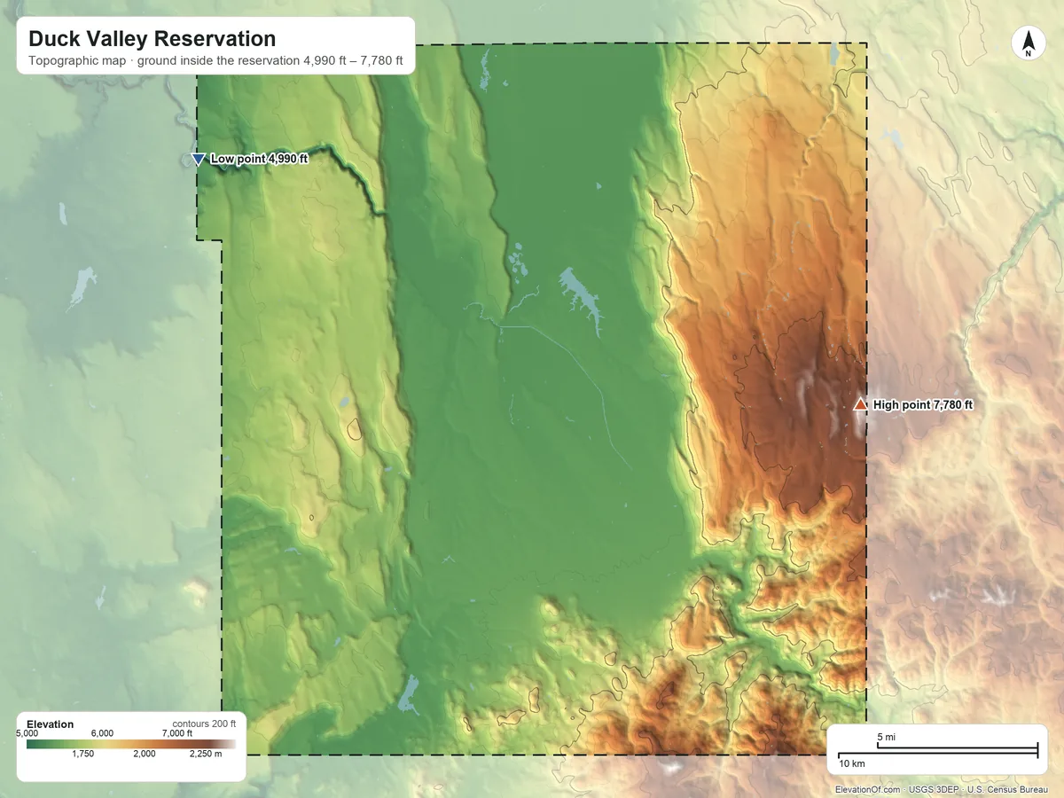 Topographic elevation map of Duck Valley Reservation, Nevada, shaded from 4,990 ft on the northwest side to 7,780 ft on the east side