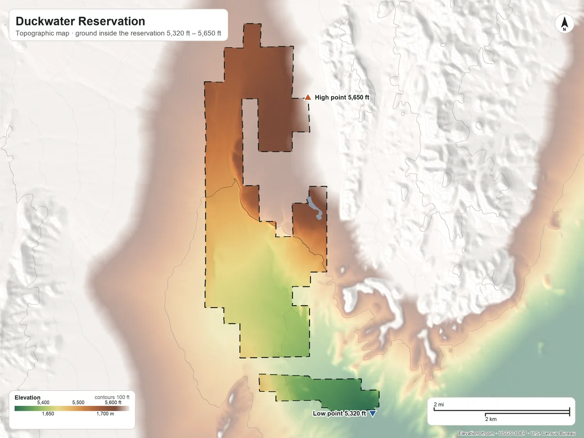 Topographic elevation map of Duckwater Reservation, Nevada, shaded from 5,320 ft on the southeast side to 5,650 ft on the north side