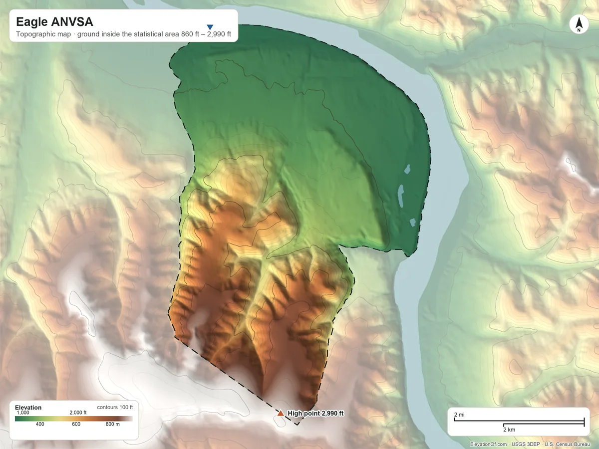 Topographic elevation map of Eagle ANVSA, Alaska, shaded from 860 ft on the northwest side to 2,990 ft on the south side