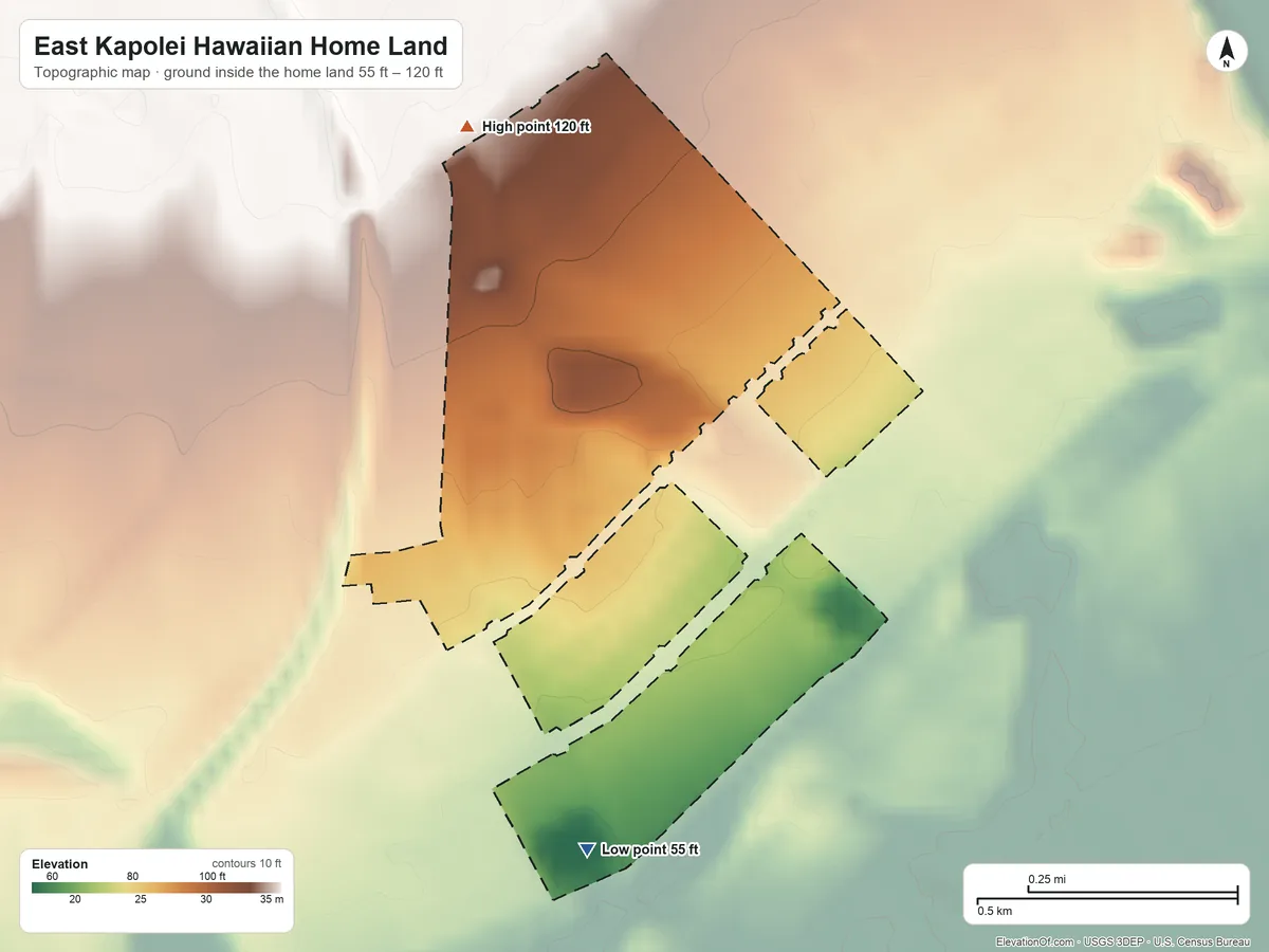 Topographic elevation map of East Kapolei Hawaiian Home Land, Hawaii, shaded from 55 ft on the south side to 120 ft on the northwest side