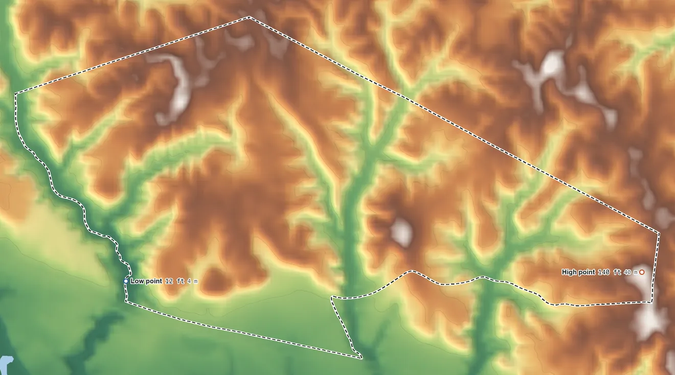Topographic elevation map of Eastern Chickahominy TDSA, Virginia, shaded from 12 ft on the southwest side to 140 ft on the east side
