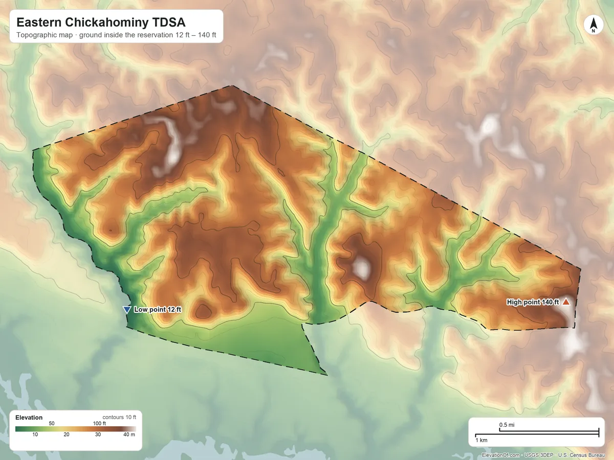 Topographic elevation map of Eastern Chickahominy TDSA, Virginia, shaded from 12 ft on the southwest side to 140 ft on the east side