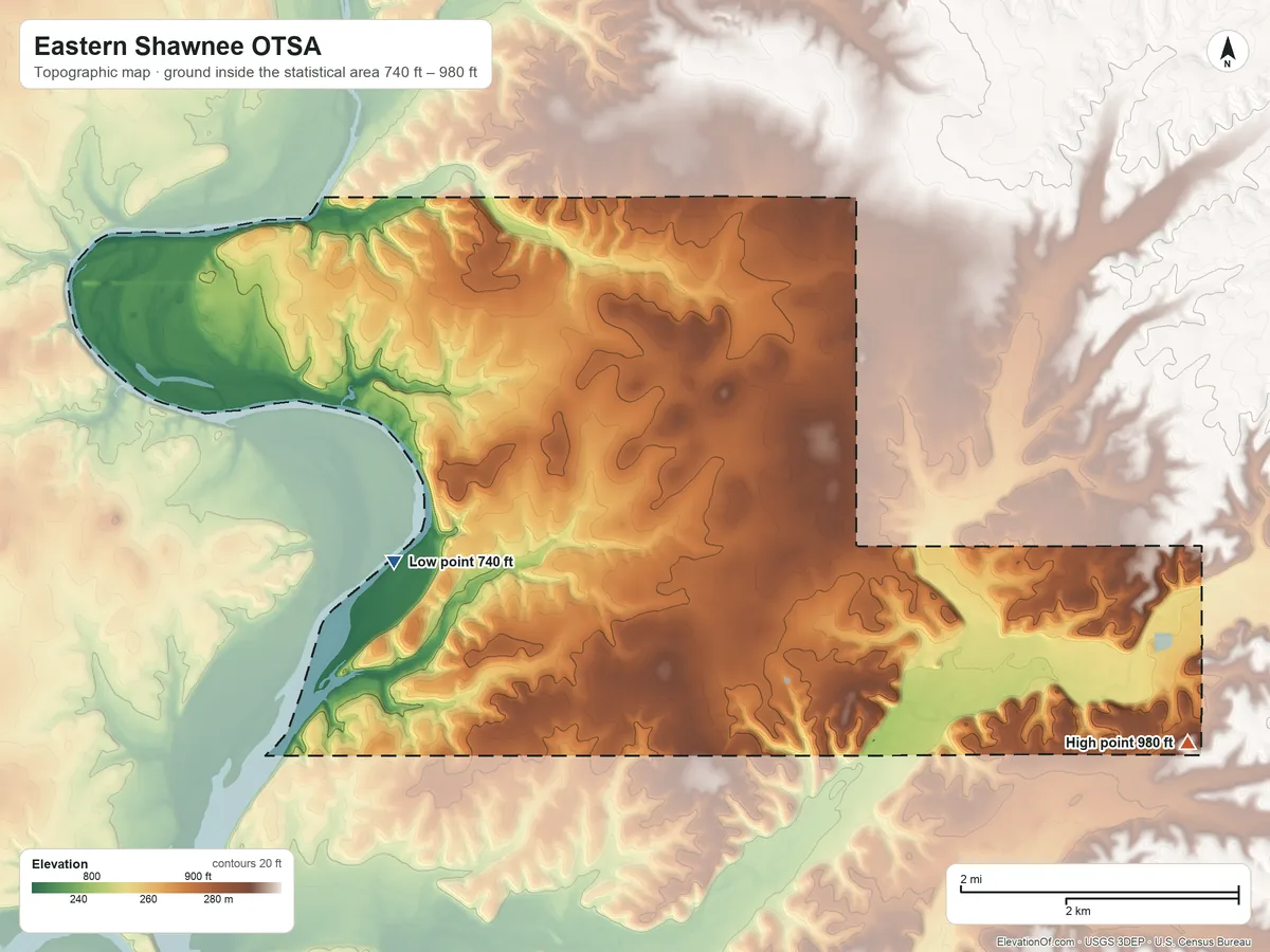 Topographic elevation map of Eastern Shawnee OTSA, Oklahoma, shaded from 740 ft on the west side to 980 ft on the southeast side