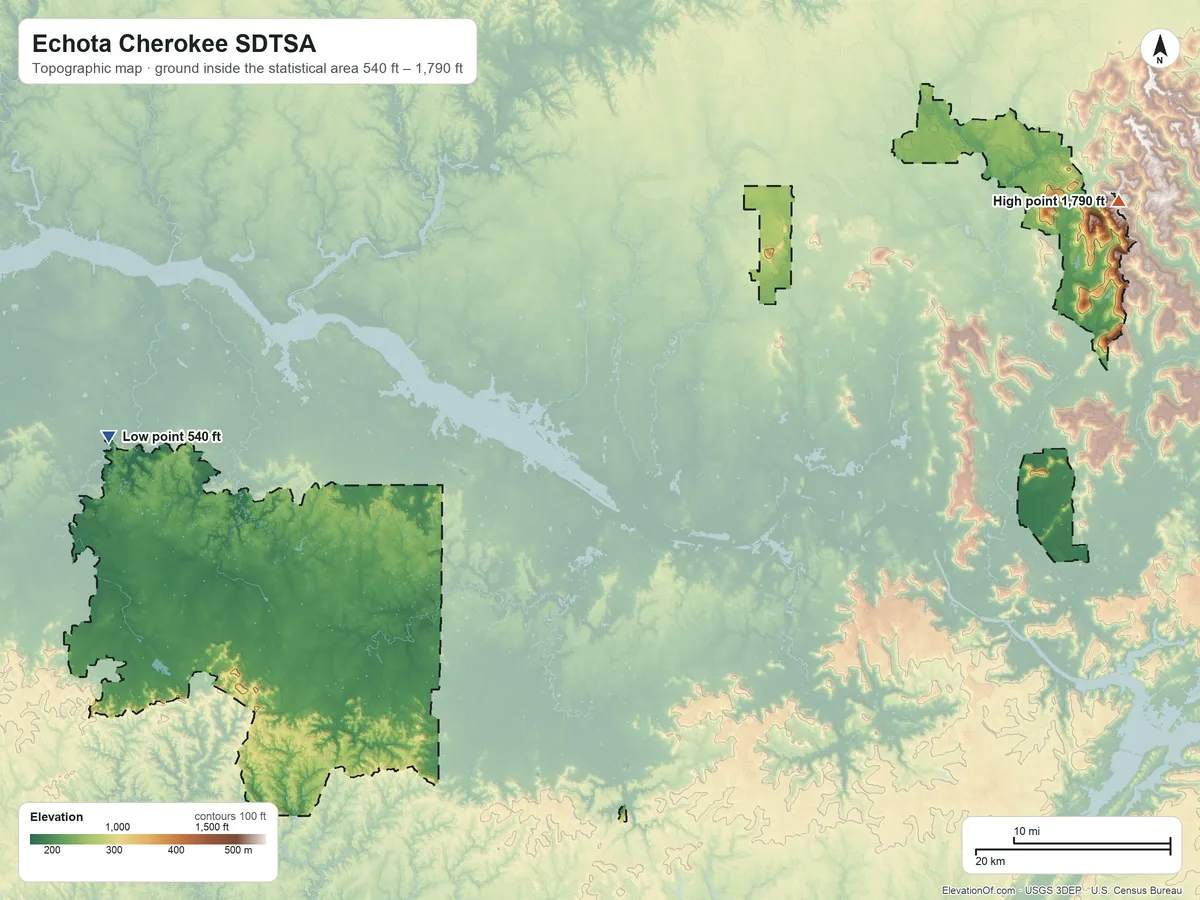 Topographic elevation map of Echota Cherokee SDTSA, Alabama, shaded from 540 ft on the west side to 1,790 ft on Bice Mountain