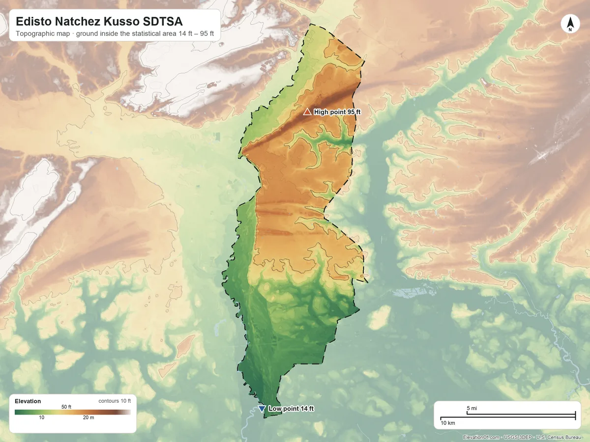 Topographic elevation map of Edisto Natchez Kusso SDTSA, South Carolina, shaded from 14 ft on the south side to 95 ft on the north side