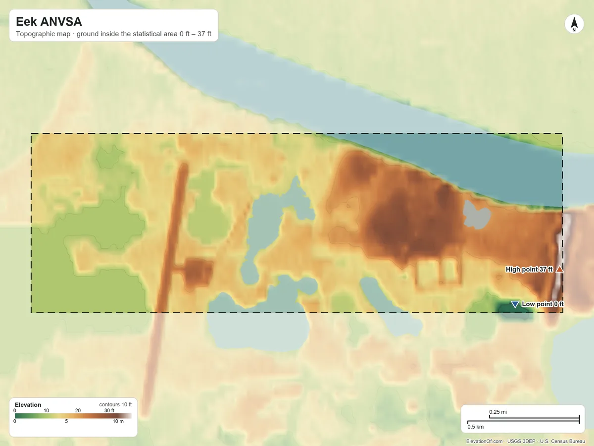 Topographic elevation map of Eek ANVSA, Alaska, shaded from 0 ft on the east side to 37 ft on the east side