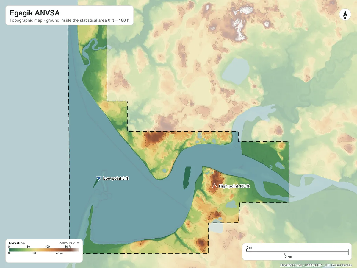 Topographic elevation map of Egegik ANVSA, Alaska, shaded from 0 ft on the southwest side to 180 ft on the southeast side