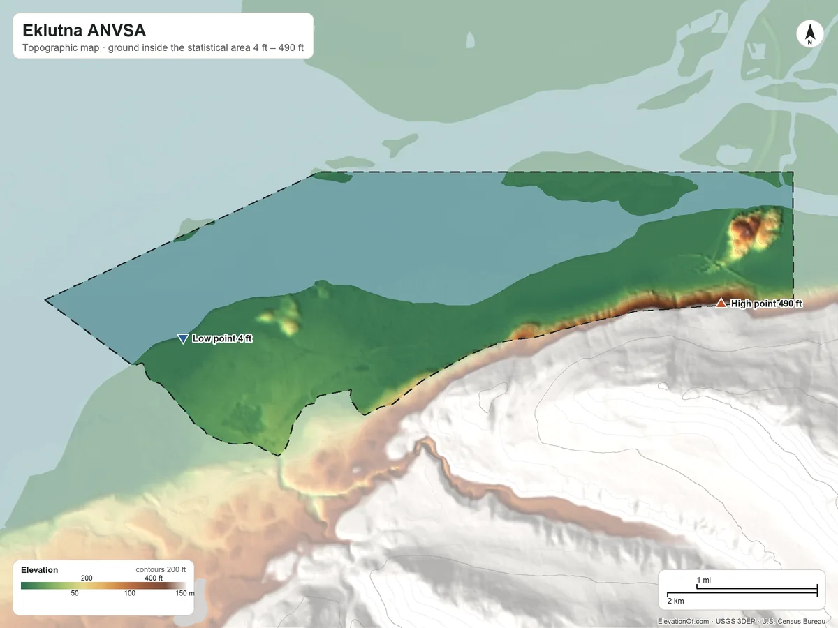 Topographic elevation map of Eklutna ANVSA, Alaska, shaded from 4 ft on the west side to 490 ft on the east side
