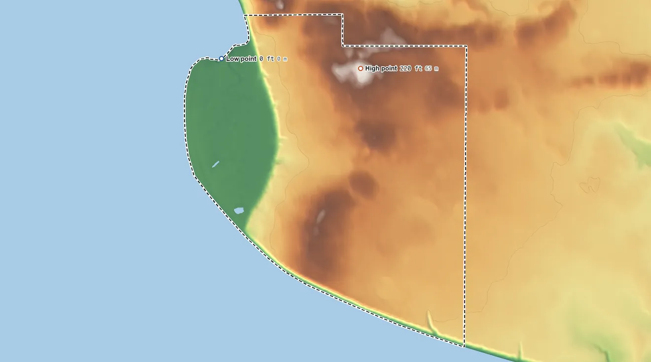 Topographic elevation map of Ekuk ANVSA, Alaska, shaded from sea level on Nushagak Bay to 220 ft on the north side