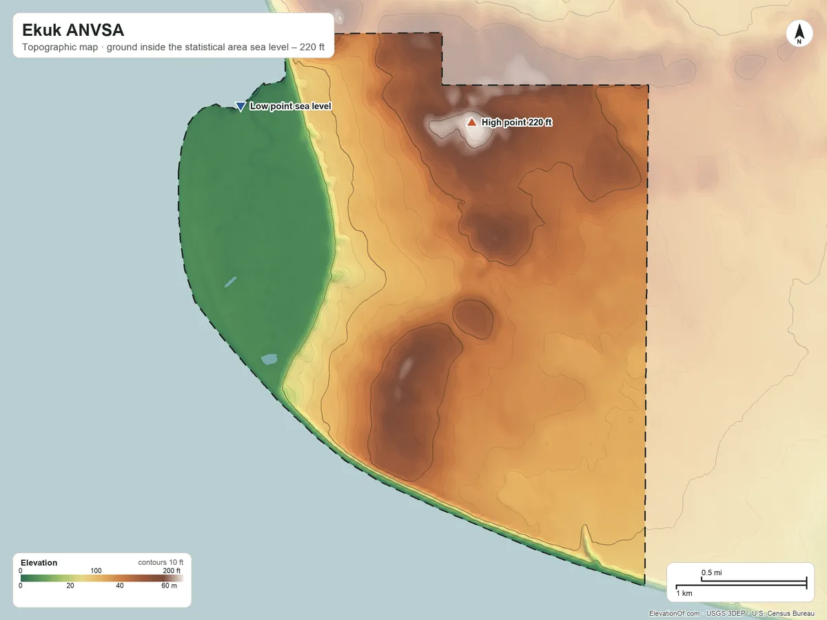 Topographic elevation map of Ekuk ANVSA, Alaska, shaded from sea level on Nushagak Bay to 220 ft on the north side