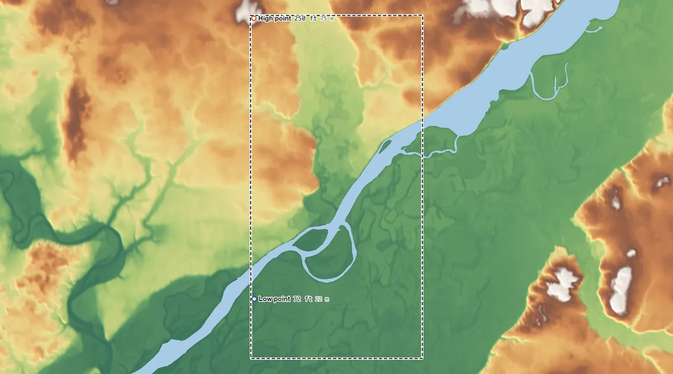 Topographic elevation map of Ekwok ANVSA, Alaska, shaded from 72 ft on the southwest side to 250 ft on the northwest side