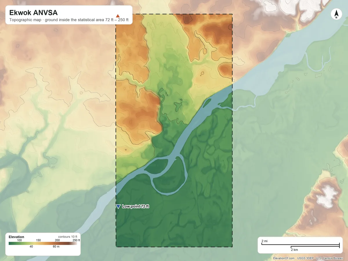 Topographic elevation map of Ekwok ANVSA, Alaska, shaded from 72 ft on the southwest side to 250 ft on the northwest side