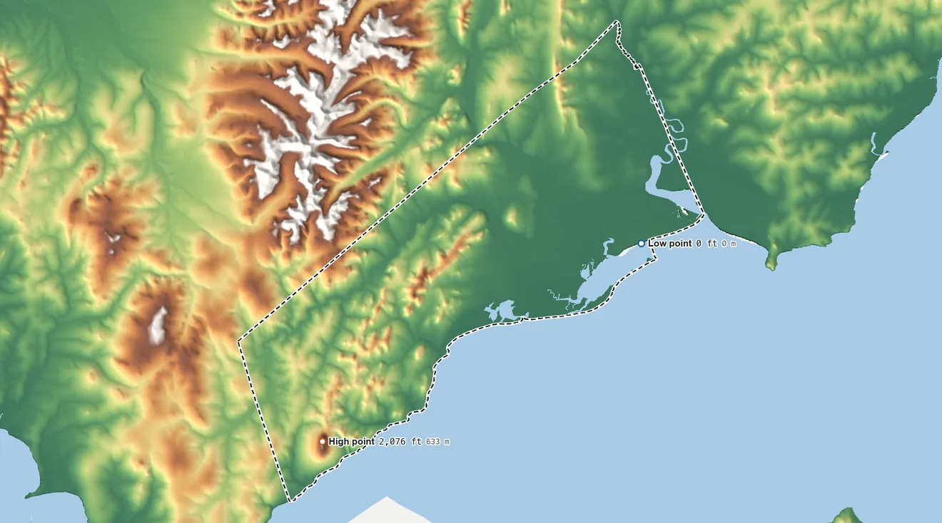 Topographic elevation map of Elim ANVSA, Alaska, shaded from sea level on Kwiniuk Inlet to 2,076 ft on Mount Kwiniuk