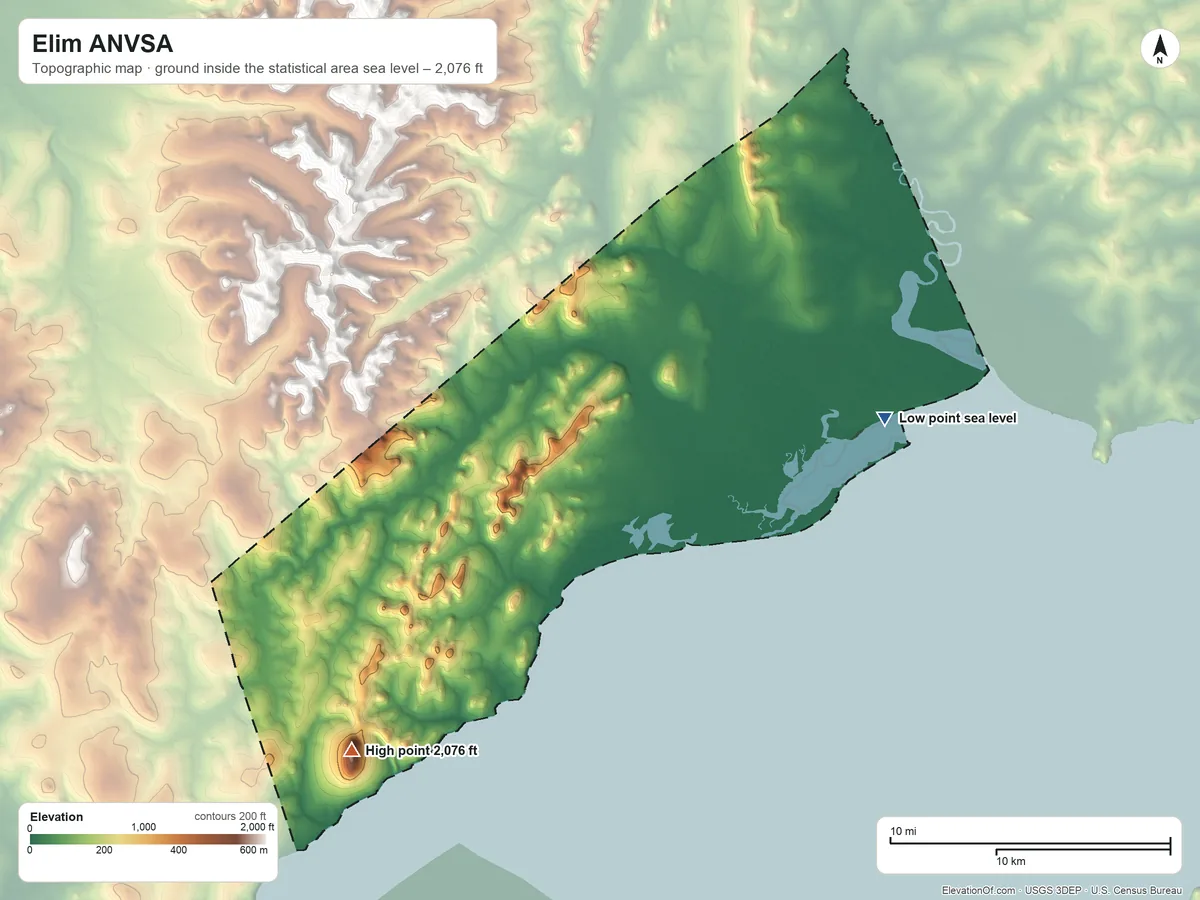 Topographic elevation map of Elim ANVSA, Alaska, shaded from sea level on Kwiniuk Inlet to 2,076 ft on Mount Kwiniuk