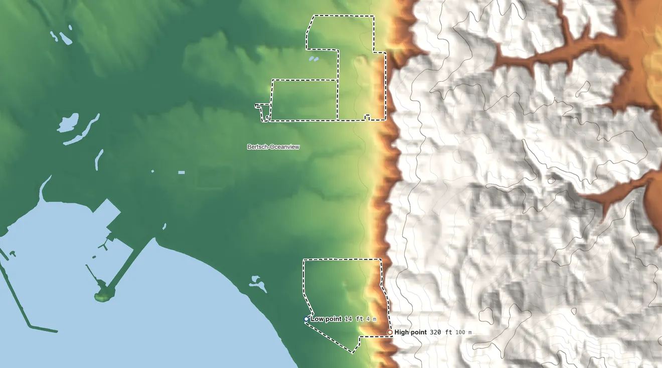 Topographic elevation map of Elk Valley Rancheria, California, shaded from 14 ft on the south side to 320 ft on the south side
