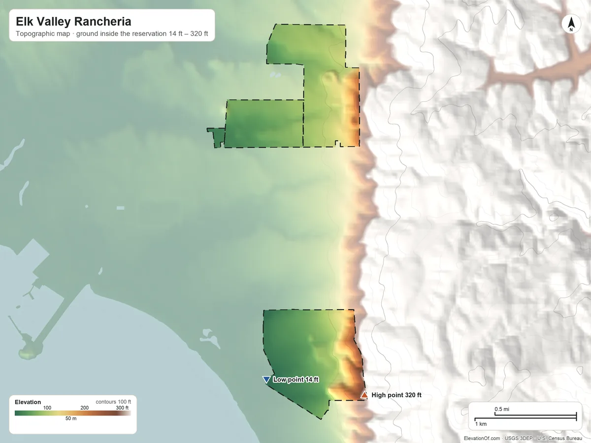 Topographic elevation map of Elk Valley Rancheria, California, shaded from 14 ft on the south side to 320 ft on the south side