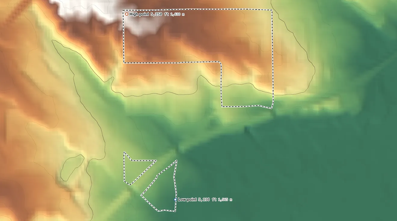 Topographic elevation map of Elko Colony, Nevada, shaded from 5,130 ft on the south side to 5,350 ft on the northwest side