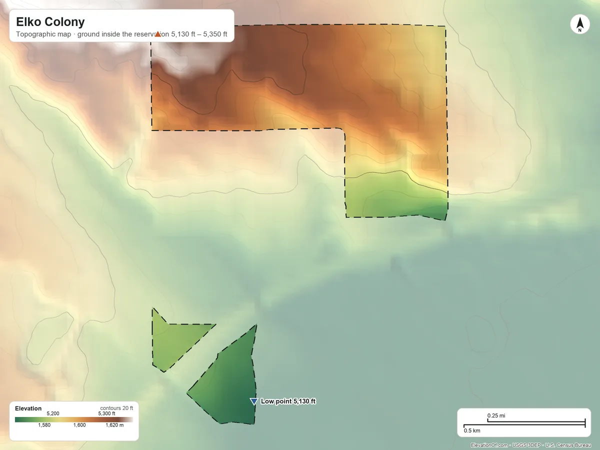 Topographic elevation map of Elko Colony, Nevada, shaded from 5,130 ft on the south side to 5,350 ft on the northwest side