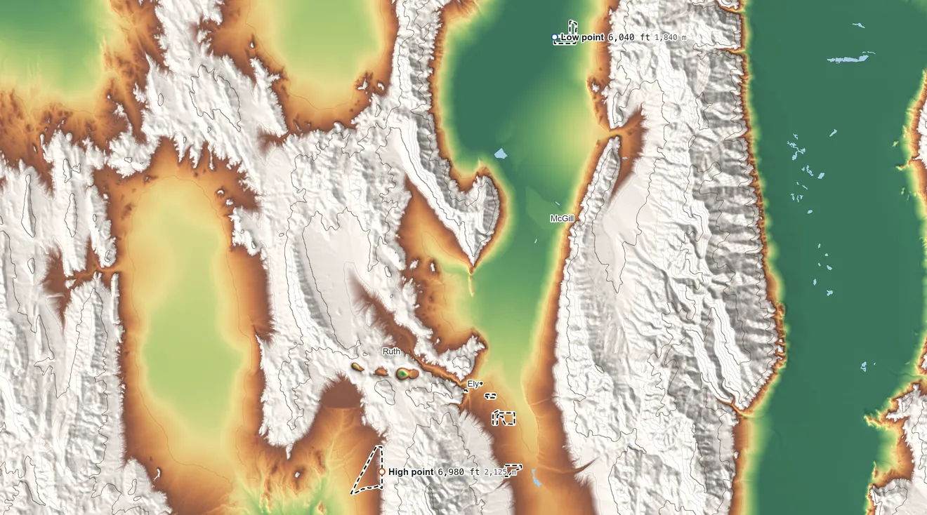 Topographic elevation map of Ely Reservation, Nevada, shaded from 6,040 ft on the north side to 6,980 ft on the south side