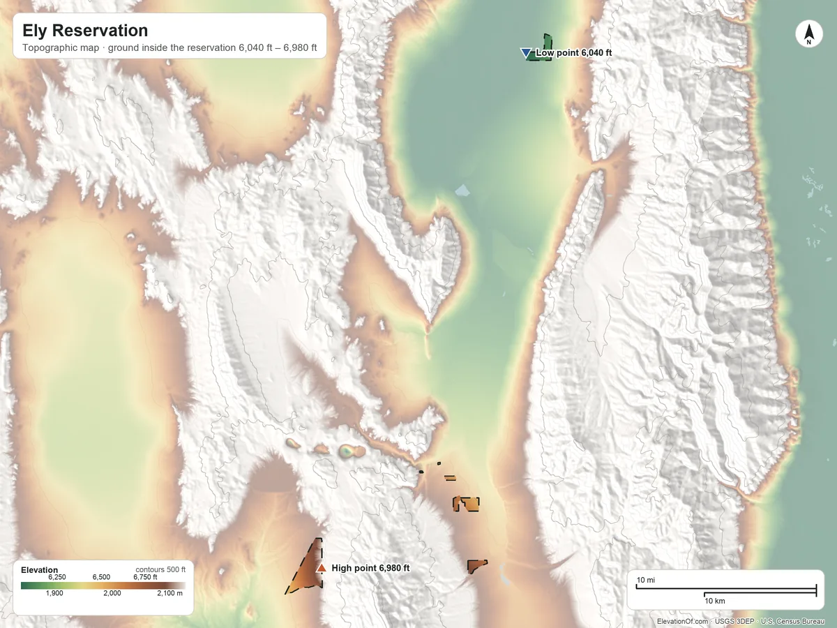 Topographic elevation map of Ely Reservation, Nevada, shaded from 6,040 ft on the north side to 6,980 ft on the south side
