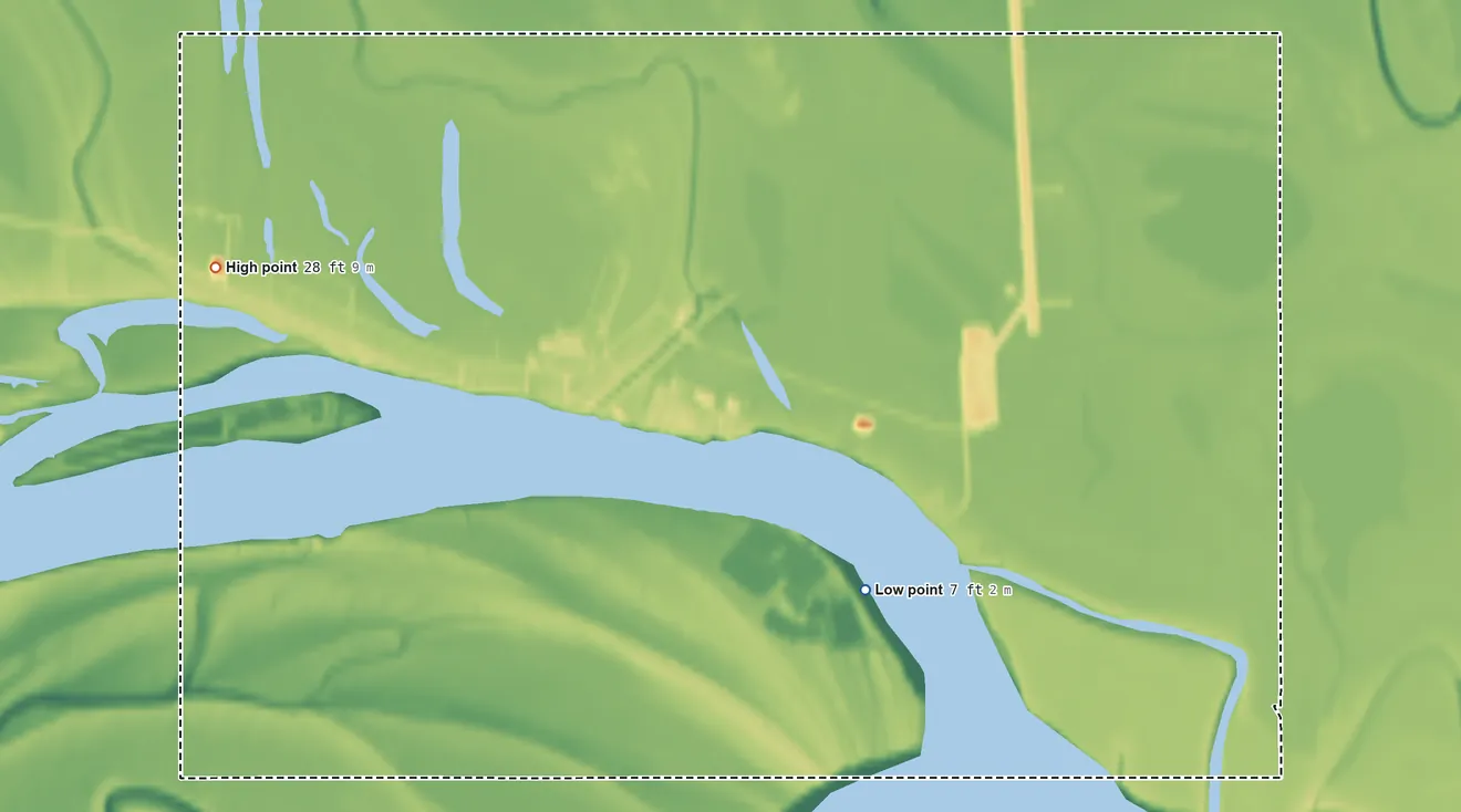 Topographic elevation map of Emmonak ANVSA, Alaska, shaded from 7 ft on the southeast side to 28 ft on the west side