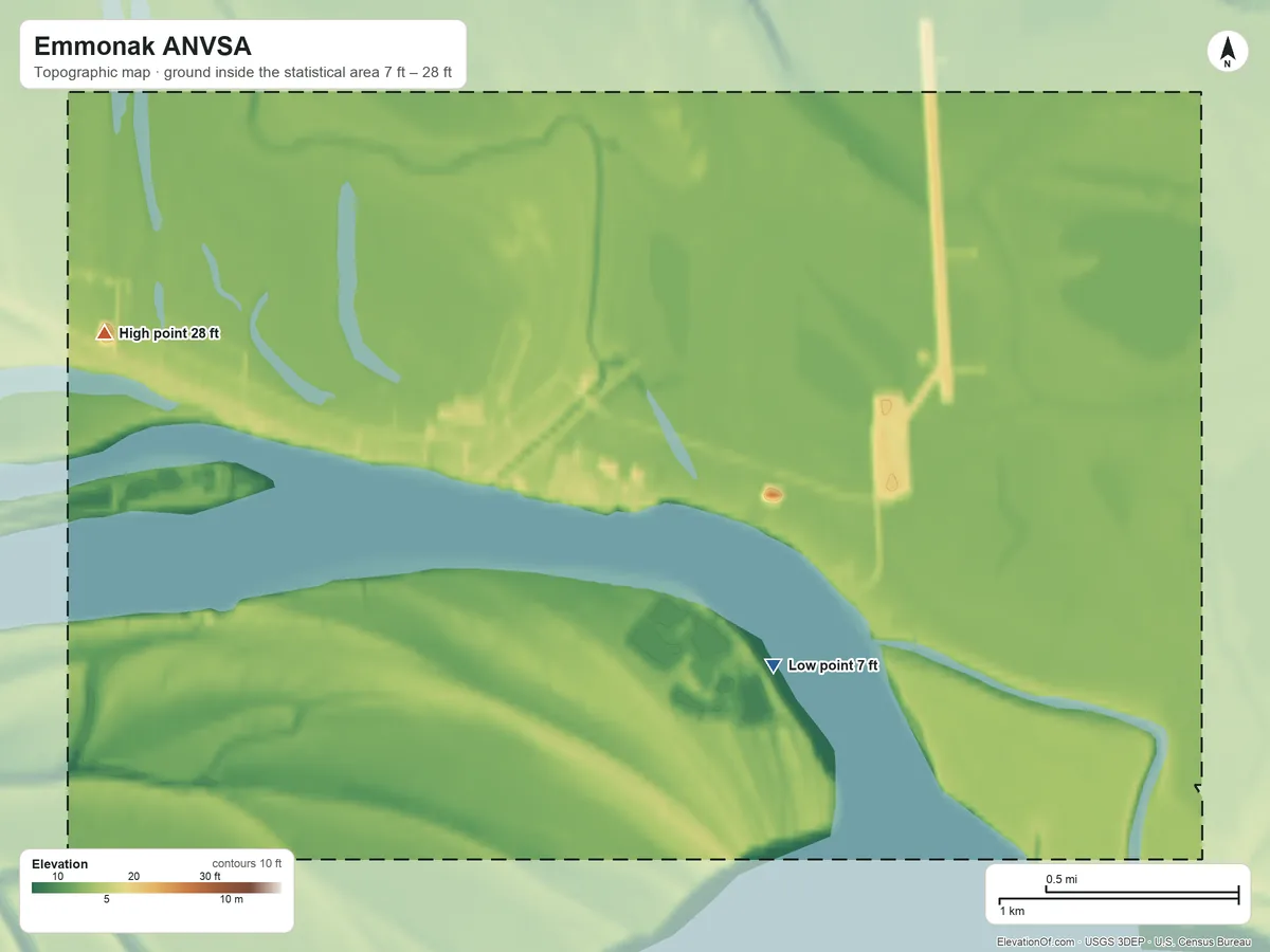Topographic elevation map of Emmonak ANVSA, Alaska, shaded from 7 ft on the southeast side to 28 ft on the west side