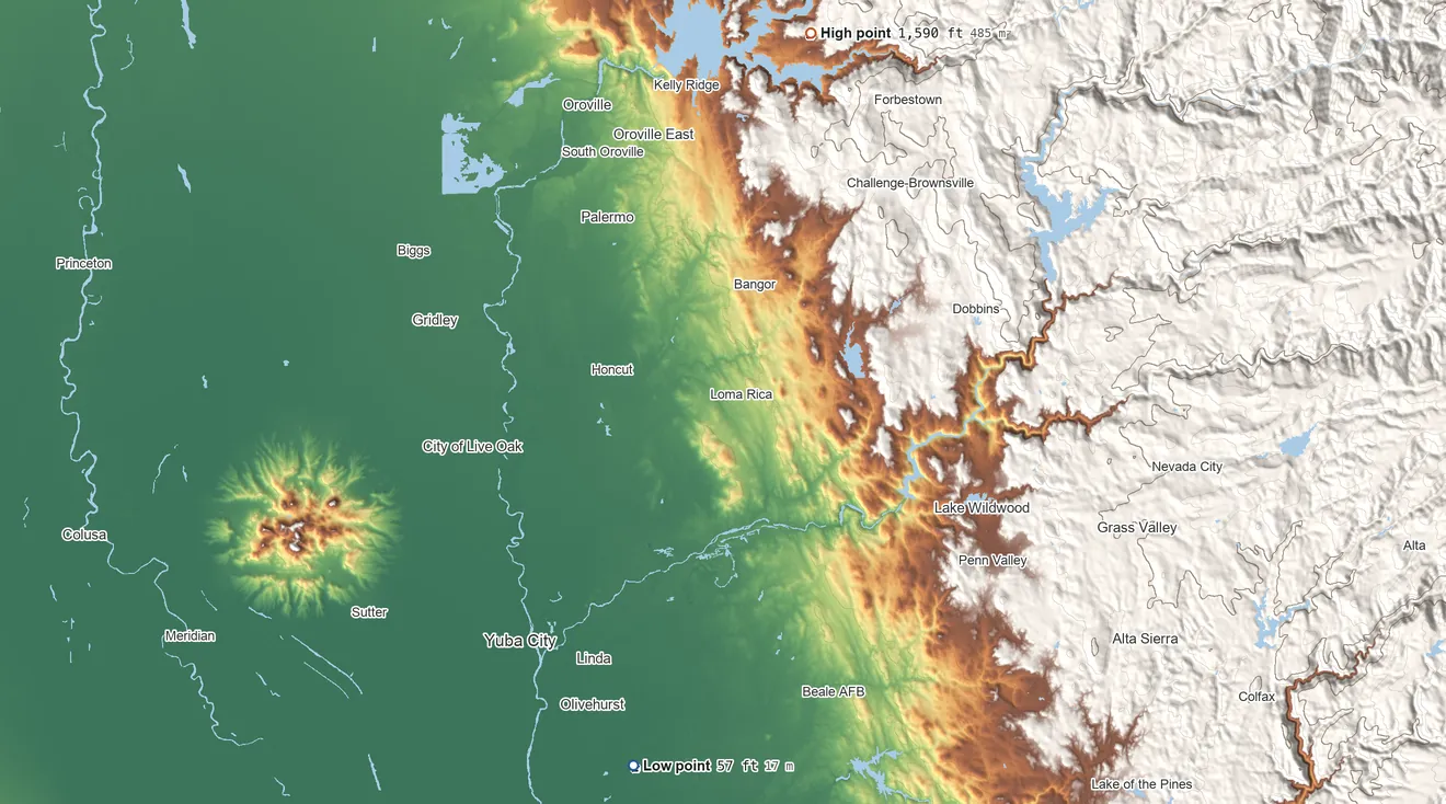 Topographic elevation map of Enterprise Rancheria, California, shaded from 57 ft on the south side to 1,590 ft on the north side