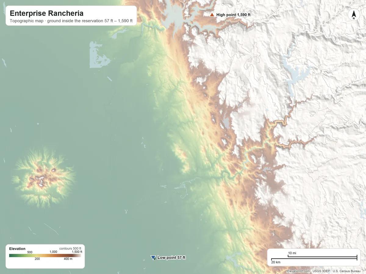 Topographic elevation map of Enterprise Rancheria, California, shaded from 57 ft on the south side to 1,590 ft on the north side