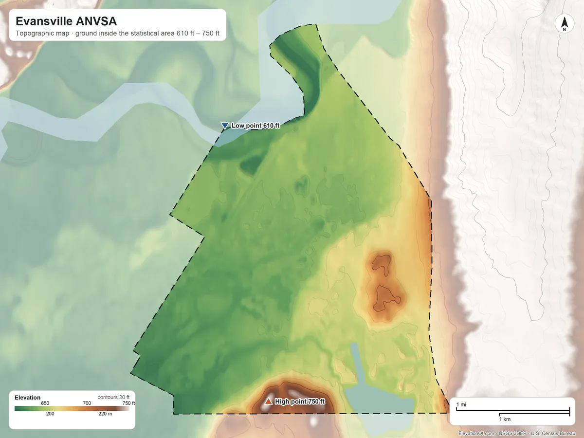 Topographic elevation map of Evansville ANVSA, Alaska, shaded from 610 ft on the northwest side to 750 ft on the south side