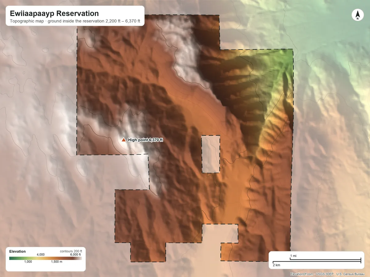 Topographic elevation map of Ewiiaapaayp Reservation, California, shaded from 2,200 ft on the west side to 6,370 ft in the Laguna Mountains