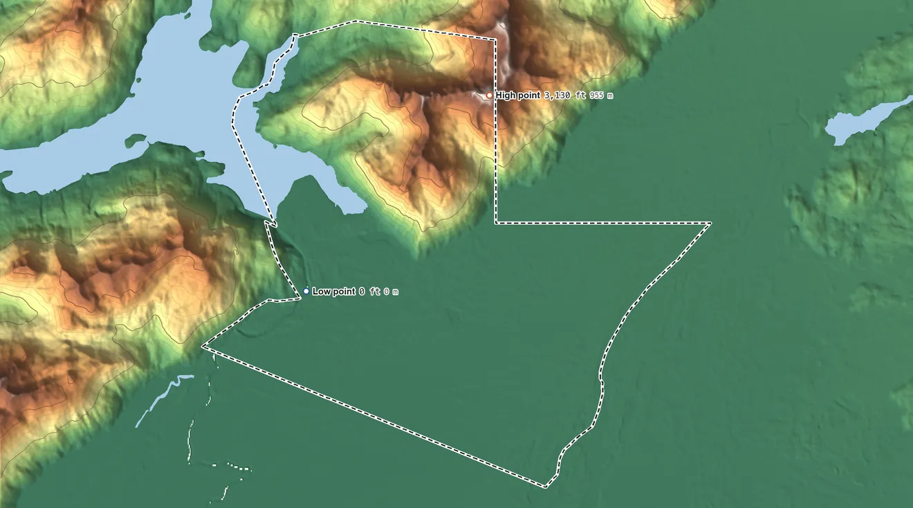 Topographic elevation map of Eyak ANVSA, Alaska, shaded from 0 ft on the west side to 3,130 ft on the north side