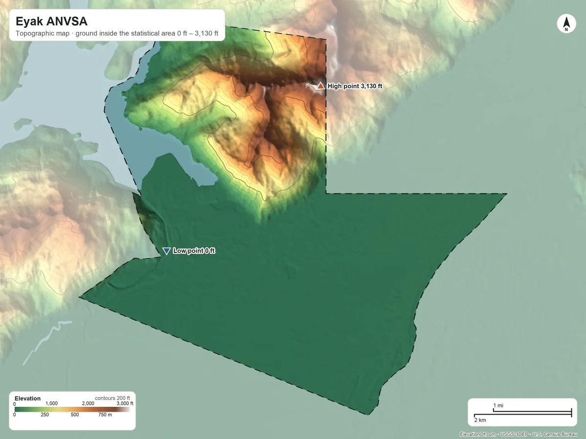 Topographic elevation map of Eyak ANVSA, Alaska, shaded from 0 ft on the west side to 3,130 ft on the north side