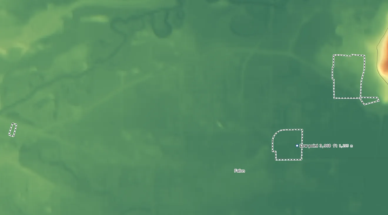 Topographic elevation map of Fallon Paiute-Shoshone Colony, Nevada, shaded from 3,960 ft on the east side to 4,110 ft on the west side