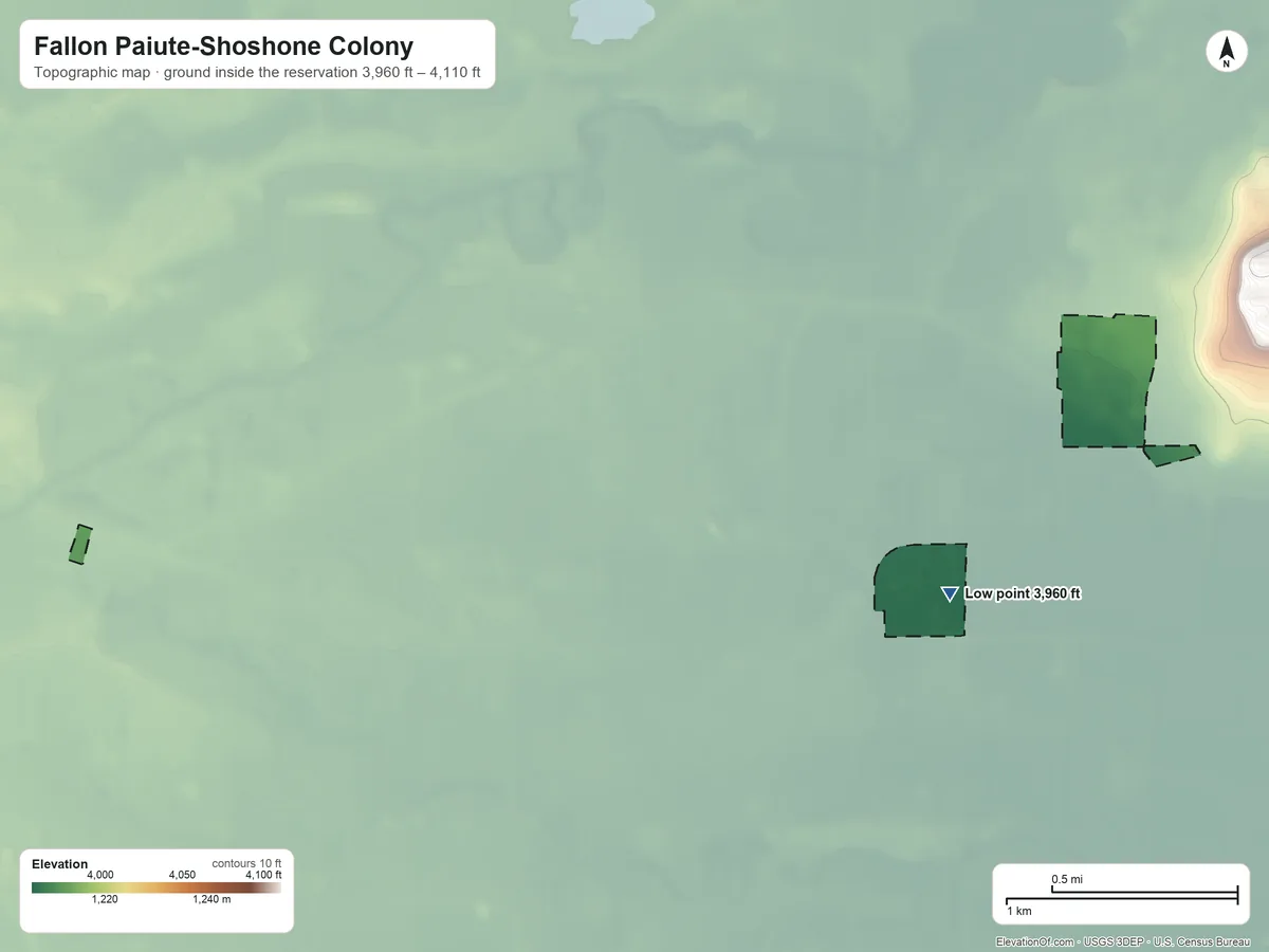 Topographic elevation map of Fallon Paiute-Shoshone Colony, Nevada, shaded from 3,960 ft on the east side to 4,110 ft on the west side