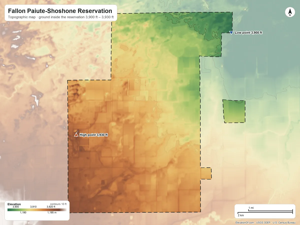 Topographic elevation map of Fallon Paiute-Shoshone Reservation, Nevada, shaded from 3,900 ft on the northeast side to 3,930 ft on the west side