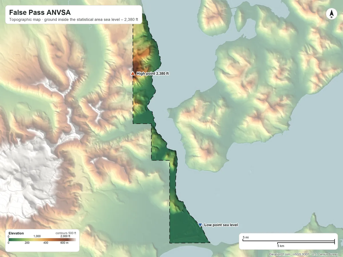 Topographic elevation map of False Pass ANVSA, Alaska, shaded from sea level on Ikatan Bay to 2,380 ft on the northwest side