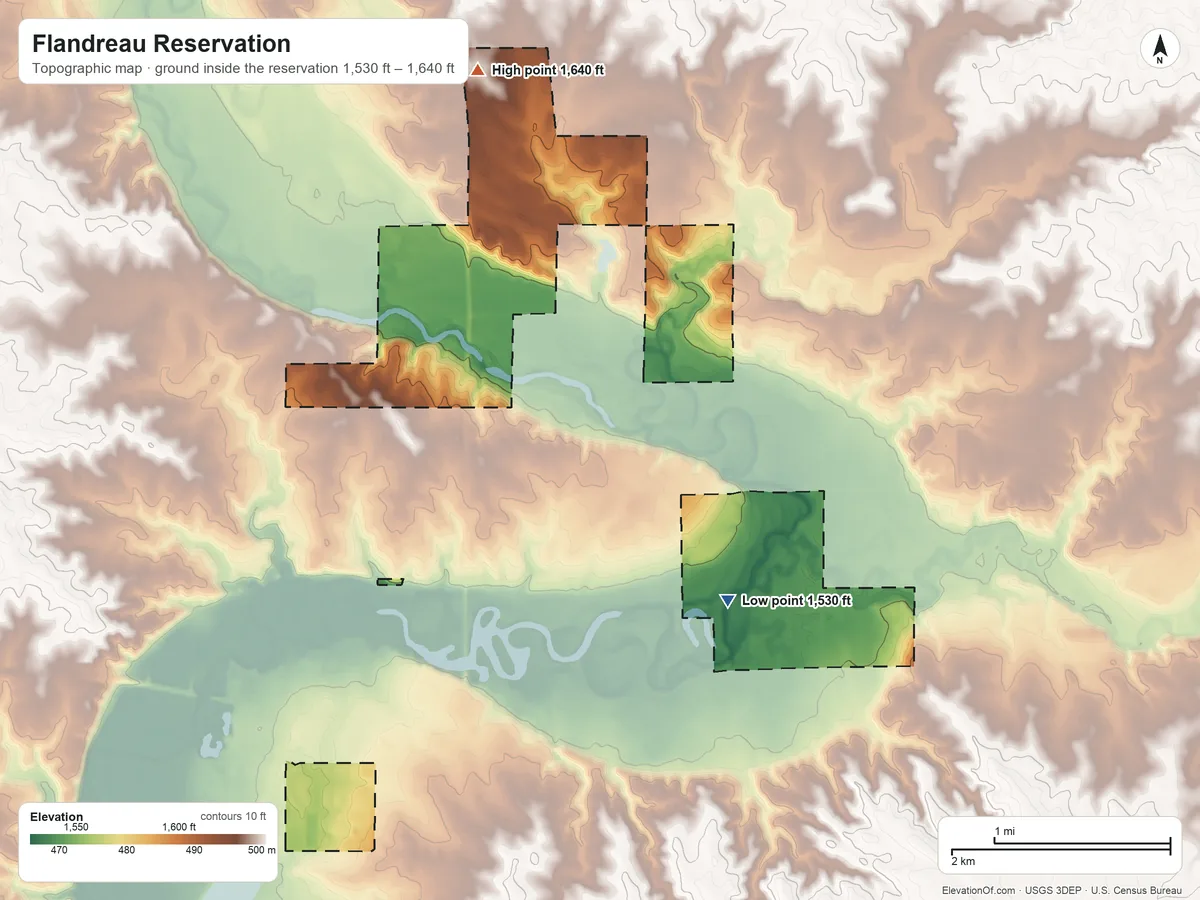 Topographic elevation map of Flandreau Reservation, South Dakota, shaded from 1,530 ft on the southeast side to 1,640 ft on the north side