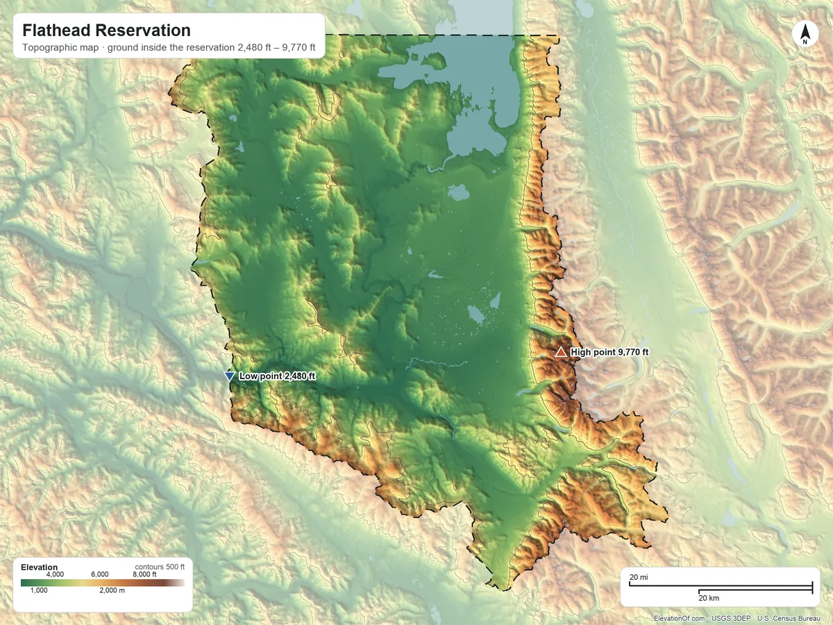 Topographic elevation map of Flathead Reservation, Montana, shaded from 2,480 ft on the west side to 9,770 ft on McDonald Peak
