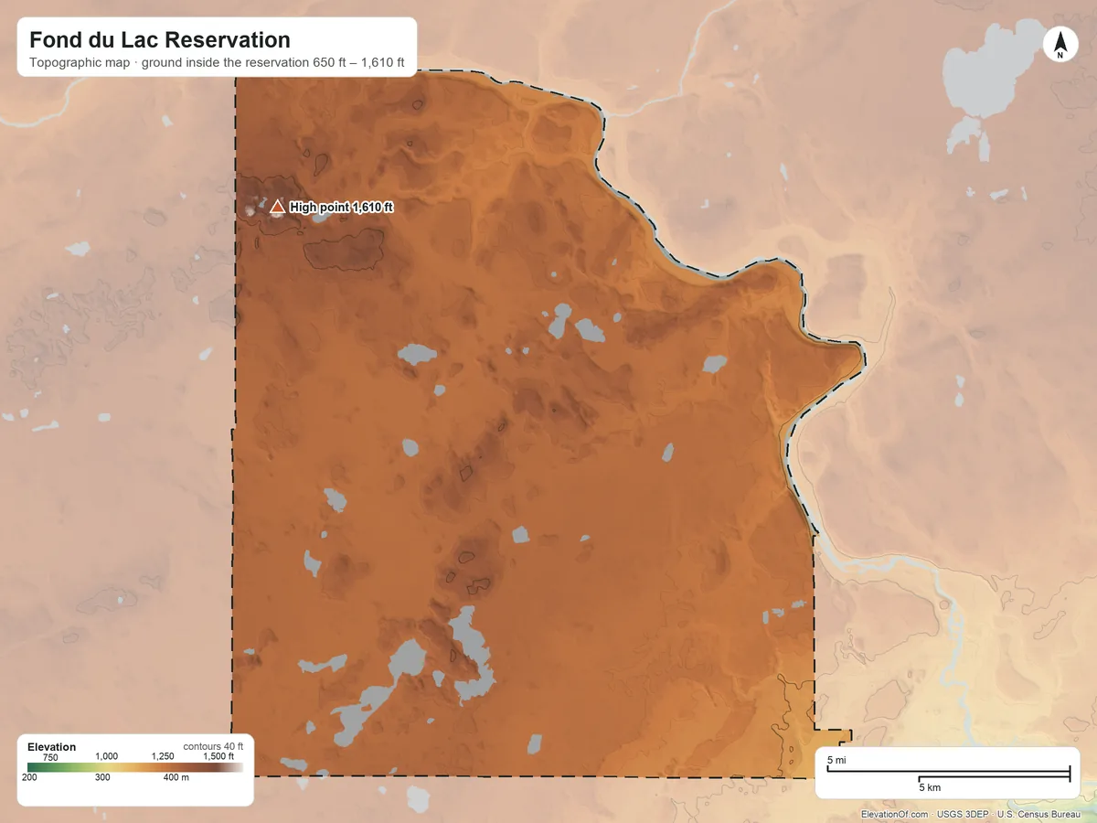 Topographic elevation map of Fond du Lac Reservation, Minnesota, shaded from 650 ft on the east side to 1,610 ft on the northwest side