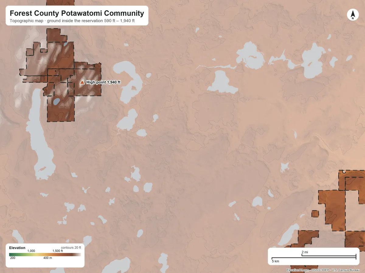 Topographic elevation map of Forest County Potawatomi Community, Wisconsin, shaded from 590 ft on the south side to 1,940 ft on Sugarbush Hill