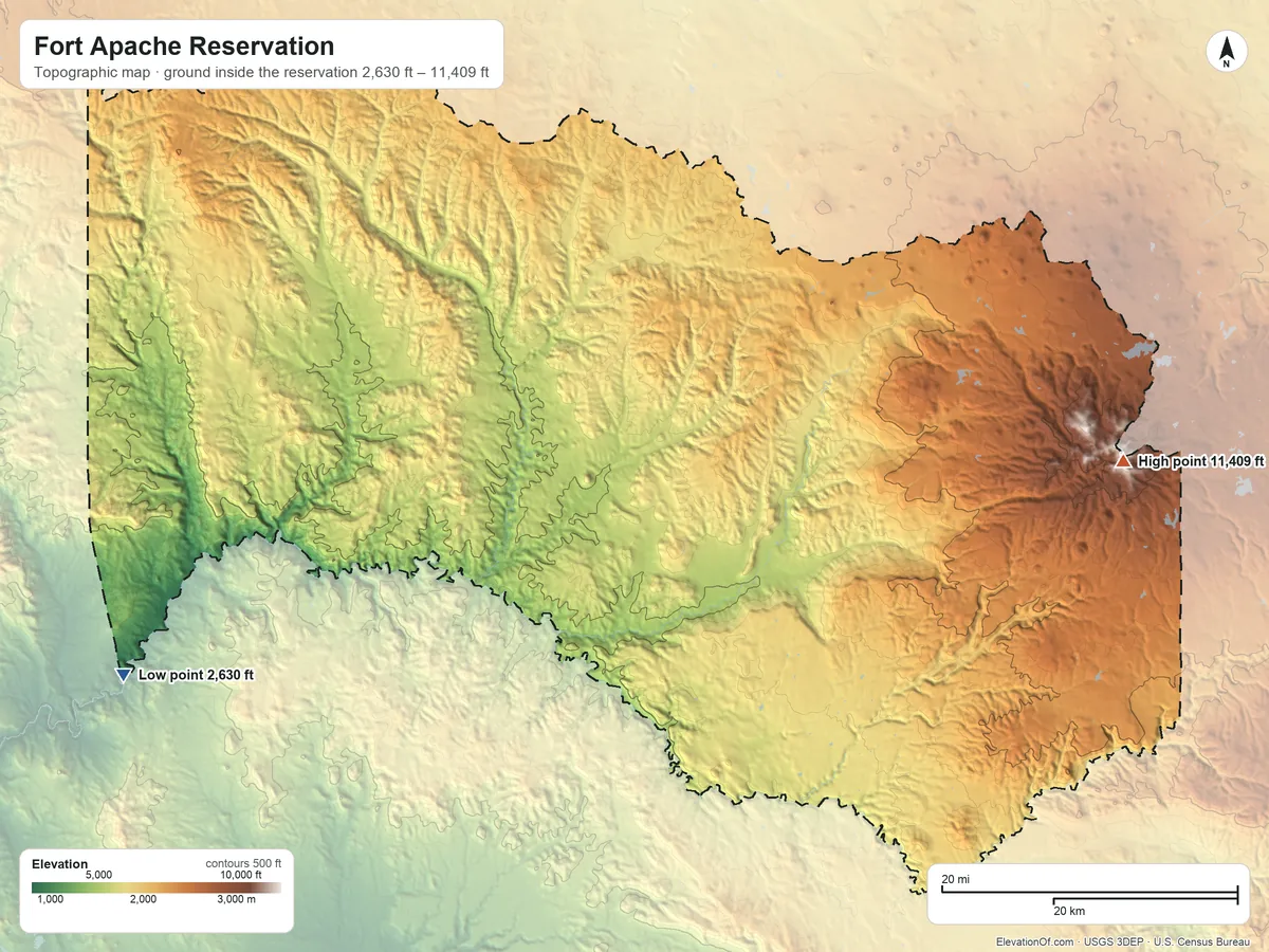 Topographic elevation map of Fort Apache Reservation, Arizona, shaded from 2,630 ft on the west side to 11,409 ft on Baldy Peak