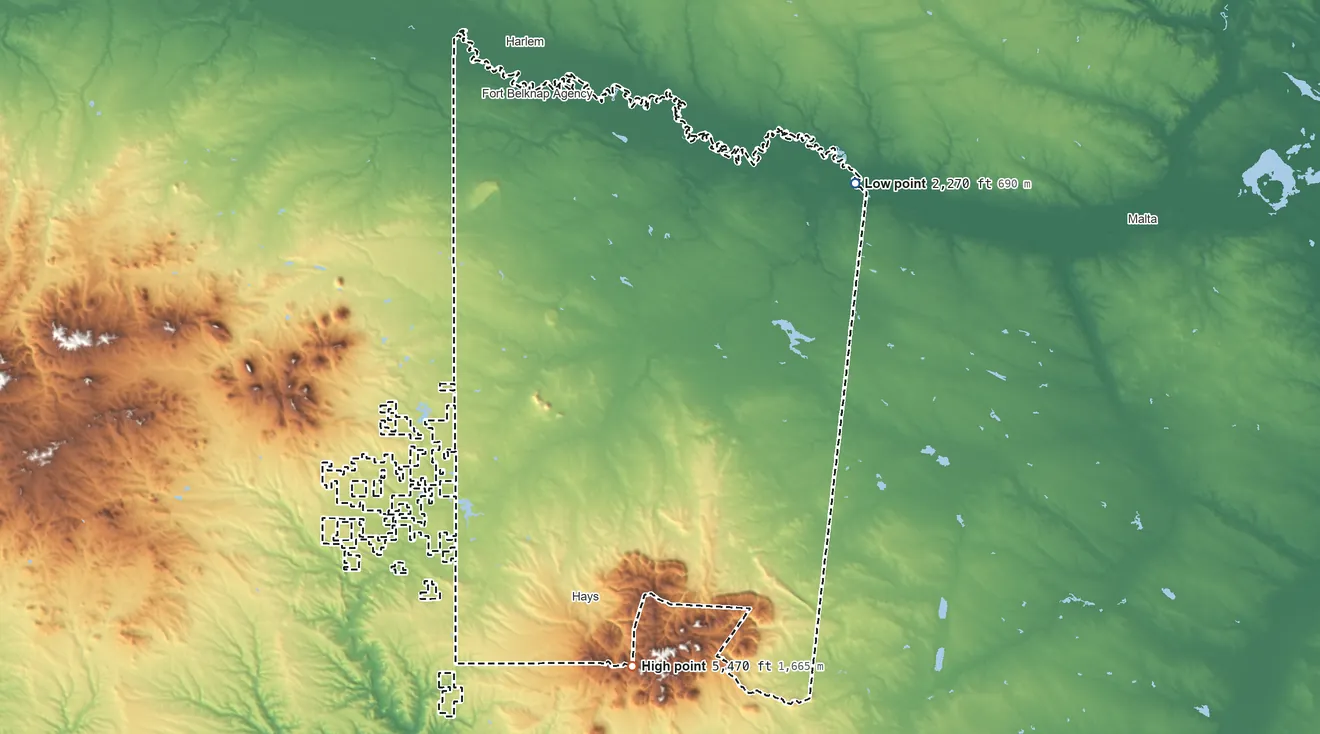 Topographic elevation map of Fort Belknap Reservation, Montana, shaded from 2,270 ft on the northeast side to 5,470 ft on the south side