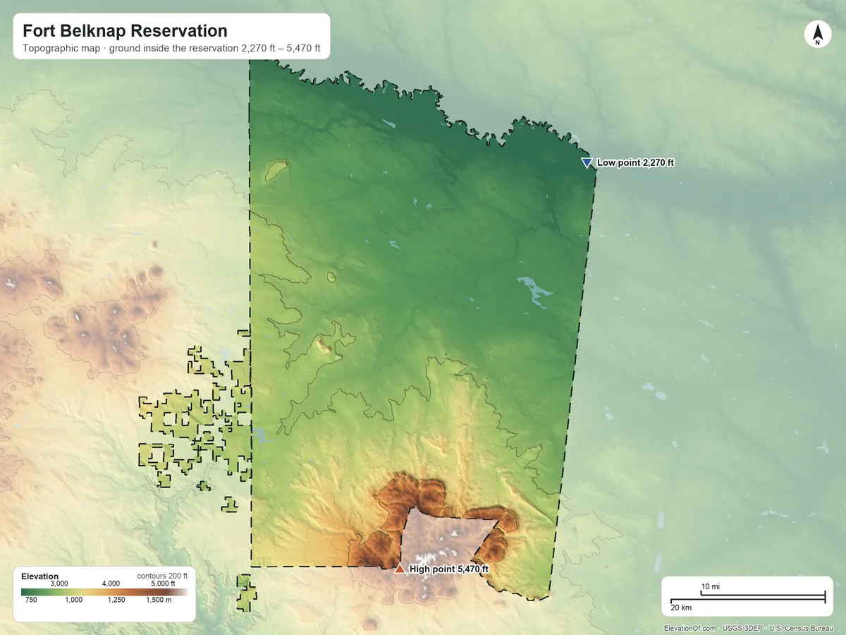 Topographic elevation map of Fort Belknap Reservation, Montana, shaded from 2,270 ft on the northeast side to 5,470 ft on the south side