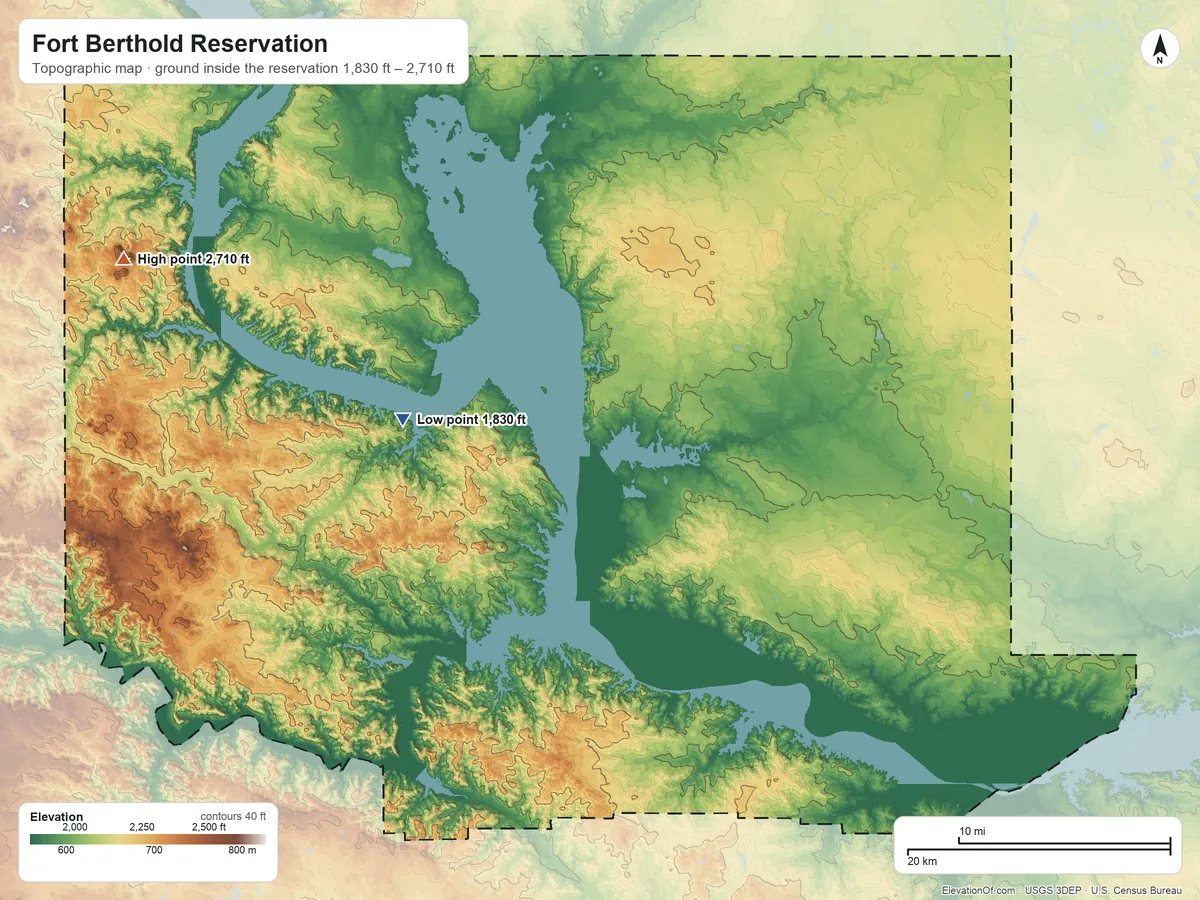 Topographic elevation map of Fort Berthold Reservation, North Dakota, shaded from 1,830 ft on the west side to 2,710 ft on Blue Butte