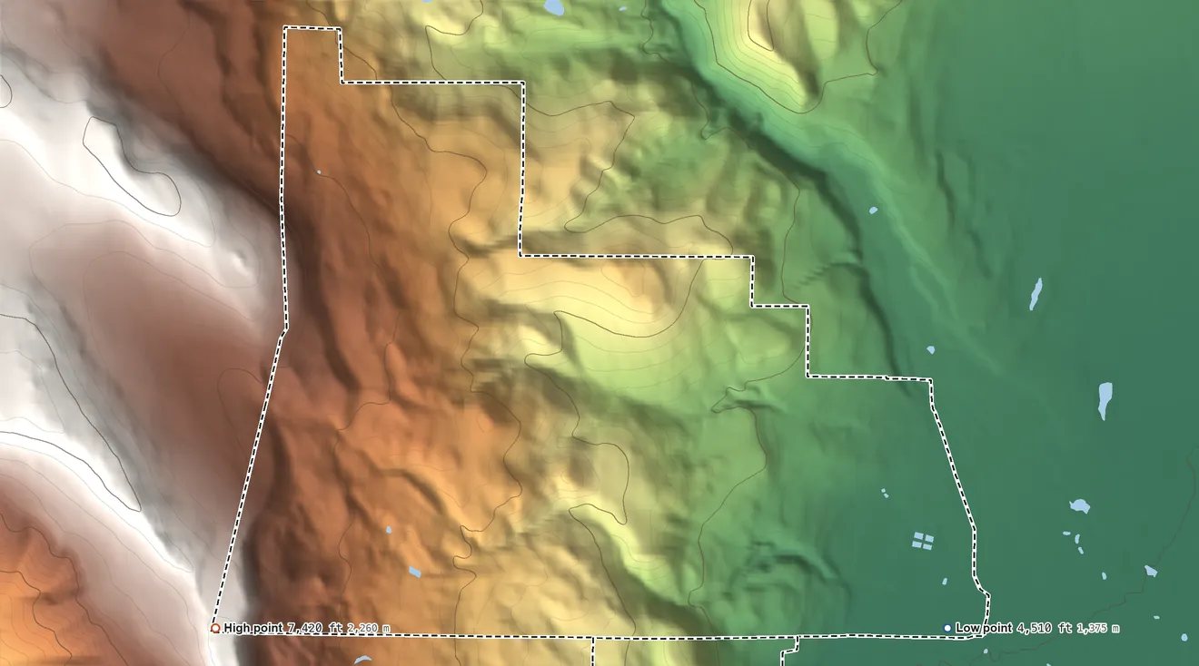 Topographic elevation map of Fort Bidwell Reservation, California, shaded from 4,510 ft on the southeast side to 7,420 ft on the southwest side