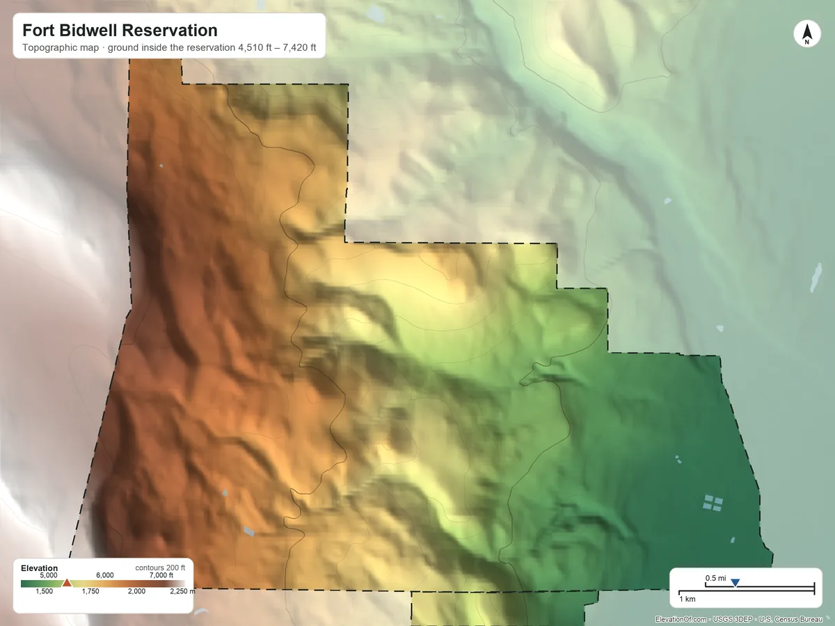 Topographic elevation map of Fort Bidwell Reservation, California, shaded from 4,510 ft on the southeast side to 7,420 ft on the southwest side